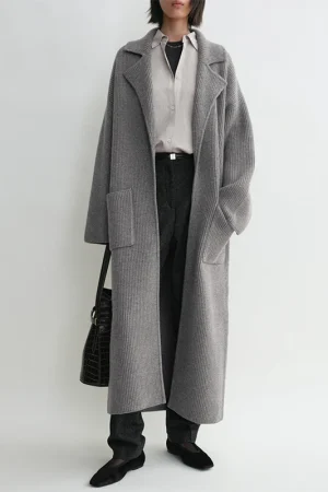 Spring Ribbing Open Front Knitted Coats Women Long 100% Wool Knitwear Cardigans