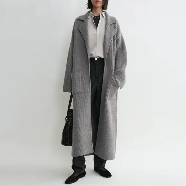 Spring Ribbing Open Front Knitted Coats Women Long 100% Wool Knitwear Cardigans