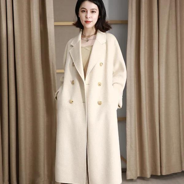 Winter Women's 100% Cashmere Coat Double-sided Wool Goods Senior Double-breasted Water Ripple Popular Design - Image 3