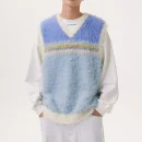 Dopamine Style Rainbow V Neck Fur Waistcoat Crop Polyester Knitted Sweater Vests for Women