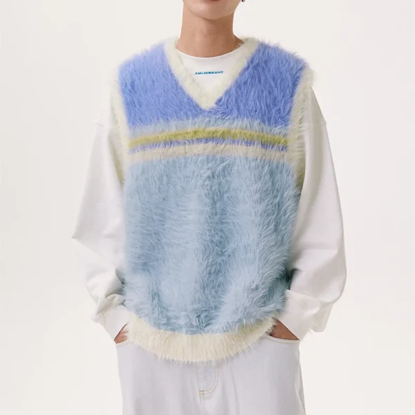 Dopamine Style Rainbow V Neck Fur Waistcoat Crop Polyester Knitted Sweater Vests for Women - Image 3