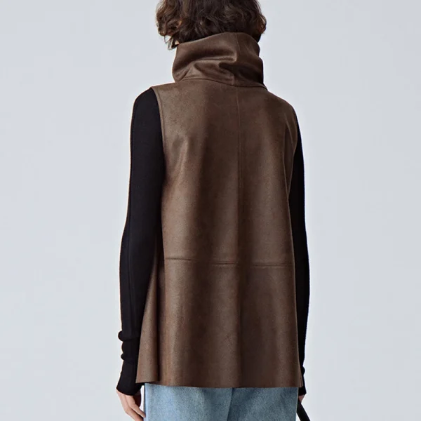 Sustainable Stand Collar Sleeveless Cropped Suede Leather Vest Women With Pockets - Image 2