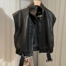 Sleeveless Leather Waistcoat Cropped Real Sheepskin Leather Vest for Women