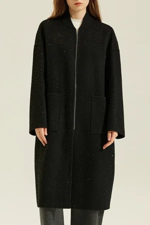 Winter Luxury Double Faced Handmade Hot Fix Long 100% Real Wool Coat Women With Zipper