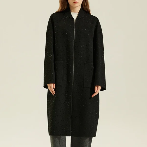 Winter Luxury Double Faced Handmade Hot Fix Long 100% Real Wool Coat Women With Zipper