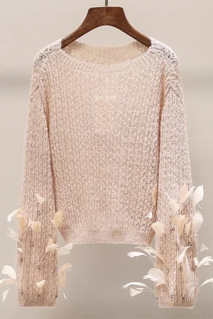 High Quality Luxury Mesh Hollow Out Knitted Sweater Women Luxury 100% Wool Knitwear with Feather