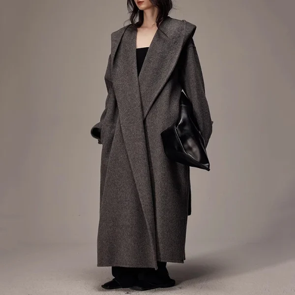 High Quality Double Faced Woolen Trench Coat Winter Luxury Goat Cashmere Wool Coats Women with Hood - Image 4