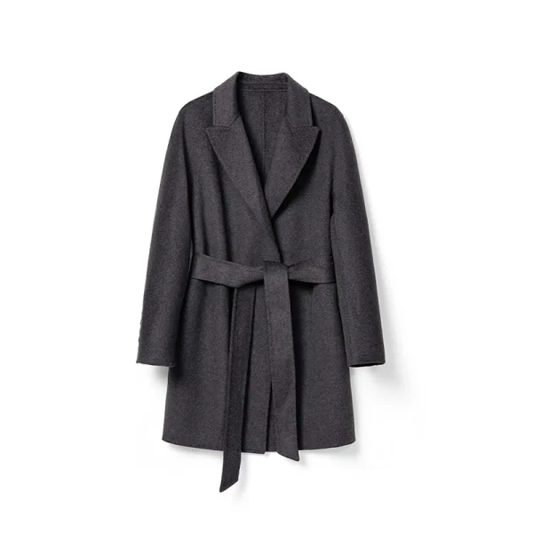 Winter Belted Woolen Coat Crop Double Faced Genuine Goat Cashmere Wool Coats for Women