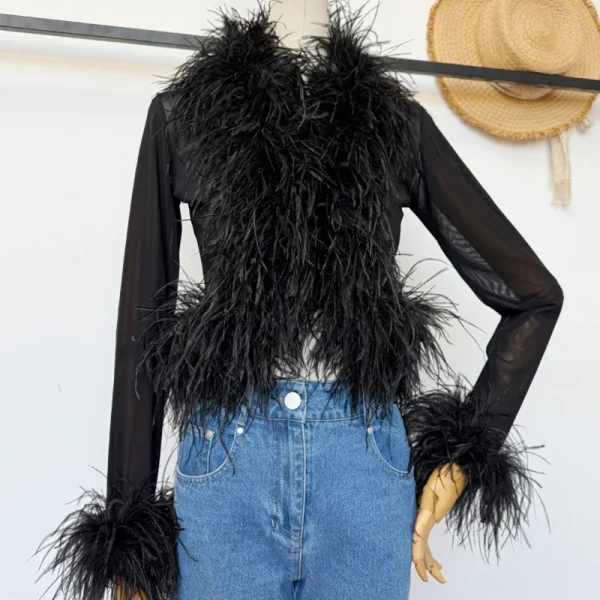 Luxury Breathable Mesh Fur Top Cropped Real Ostrich Feather Fur Coat for Women - Image 3
