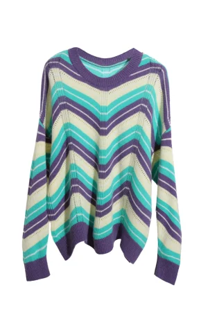 100% Wool O Neck Sweater Women Winter Handmade Knitted Sweater With Stripe Pattern