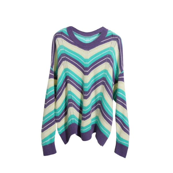 100% Wool O Neck Sweater Women Winter Handmade Knitted Sweater With Stripe Pattern
