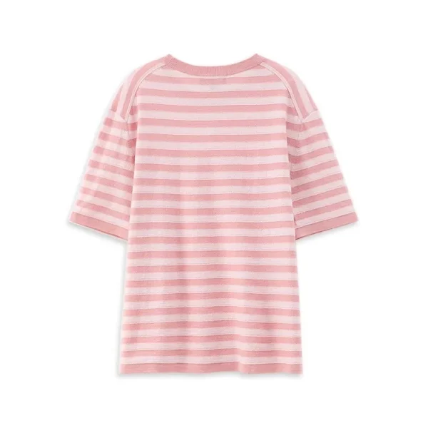 High Quality O Neck Knitwear Women 100% Wool Knitted Stripe T Shirts - Image 2