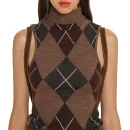 Jacquard Sweater Sleeveless Diamond Lattice Pattern Knitwear High Collar Crop Knitted Wool Vest Women