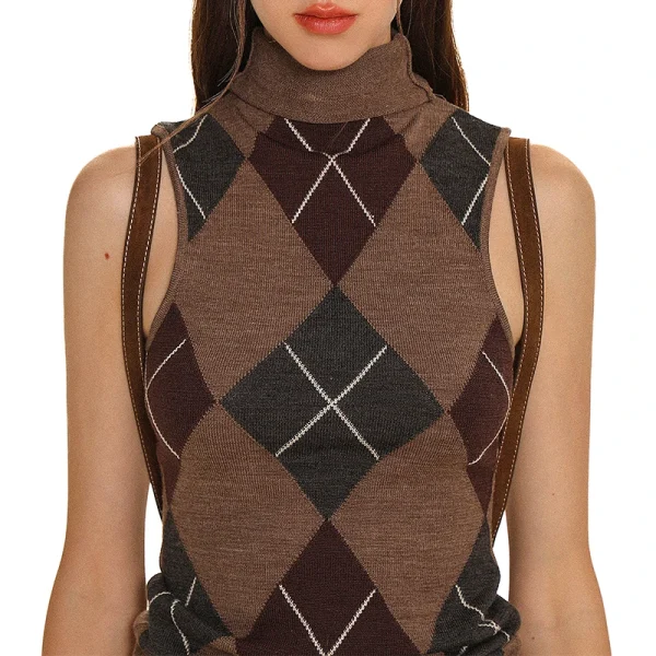Jacquard Sweater Sleeveless Diamond Lattice Pattern Knitwear High Collar Crop Knitted Wool Vest Women - Image 5