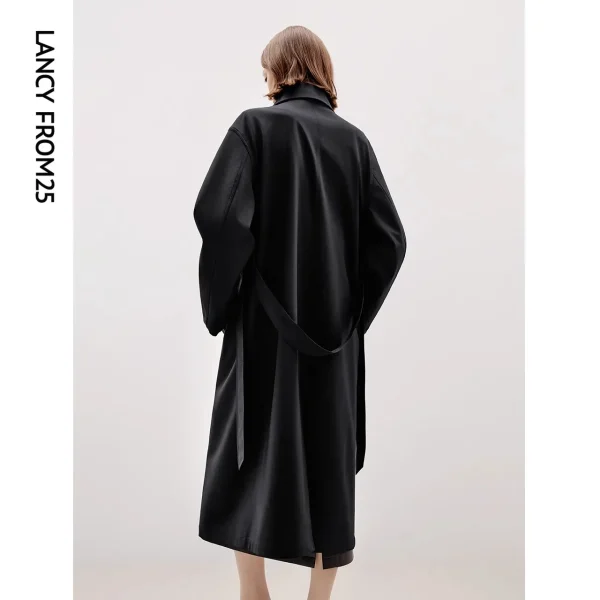 Wool High-grade Lapel Black Mid-length Trench Coat 2025 Autumn New French Temperament Top - Image 4