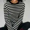High Quality Long Sleeve Knitted 100% Wool Pullover O Neck Striped Knitwear for Women
