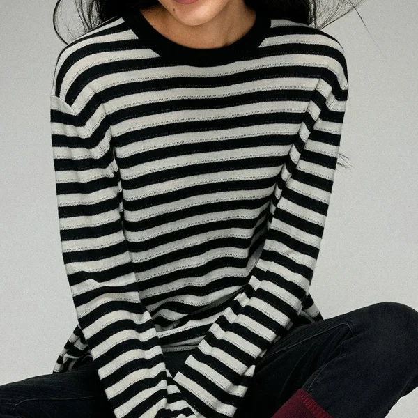 High Quality Long Sleeve Knitted 100% Wool Pullover O Neck Striped Knitwear for Women - Image 5