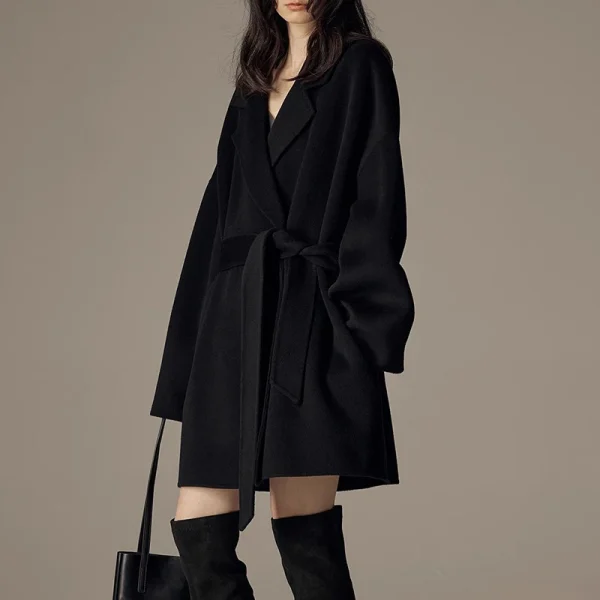Winter Luxury Woolen Coat Double Faced Mid Length 100% Wool Coats Women with Belt - Image 3