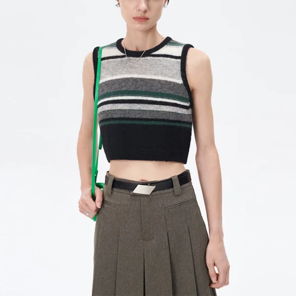 Sleeveless Stripe Knitwear Women Cropped Wool Mohair Knitted Sweater Vests - Image 4