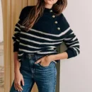 High Quality 100% Wool Pullover Sweater Long Sleeve Striped Knitted Sweater Women With Side Buttons