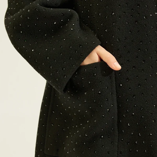 Luxury Hot Fix Rhinestone Woolen Coat Handmade Double Faced Long 100% Genuine Wool Coats for Women - Image 3