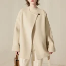 Winter O Neck Woolen Coat Mid Length Double Faced 100% Wool Coats for Women With Belt