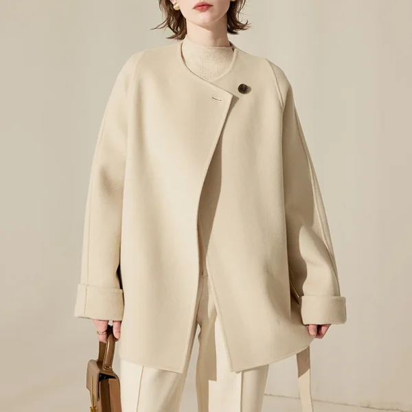 Winter O Neck Woolen Coat Mid Length Double Faced 100% Wool Coats for Women With Belt - Image 3