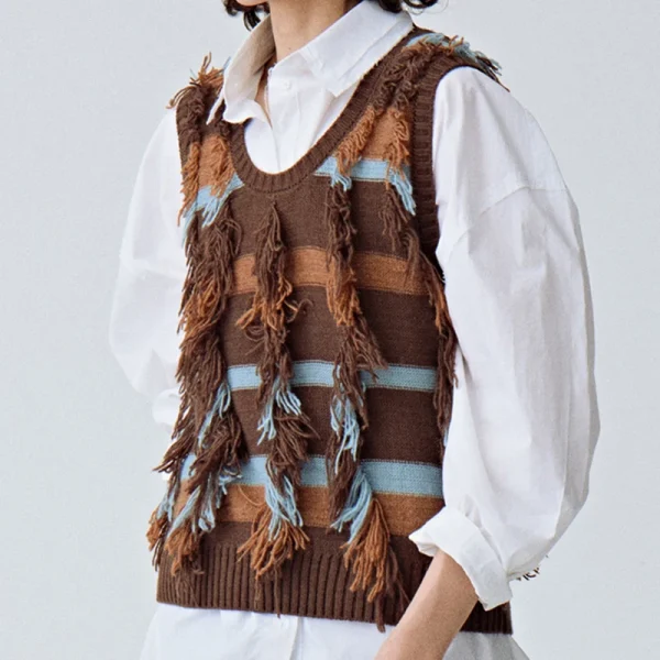 Luxury Sleeveless Tassel Cotton Waistcoat Short Knitted Wool Sweater Vest for Women - Image 4