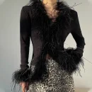 Fashion Luxury Cropped Knitwear Hand Knitted Cardigan Women With Ostrich Feather Fur