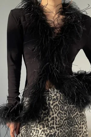 Fashion Luxury Cropped Knitwear Hand Knitted Cardigan Women With Ostrich Feather Fur