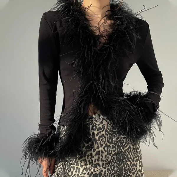 Fashion Luxury Cropped Knitwear Hand Knitted Cardigan Women With Ostrich Feather Fur
