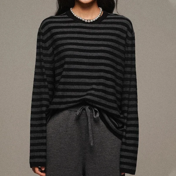High Quality Long Sleeve Knitted 100% Wool Pullover O Neck Striped Knitwear for Women - Image 2