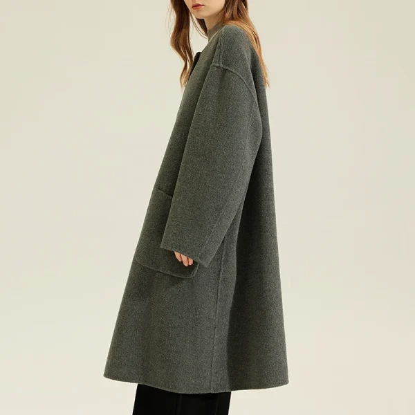 Single Breasted Sheep Woolen Coat Luxury O Neck Double Faced Long 100% Genuine Wool Coats for Women - Image 3