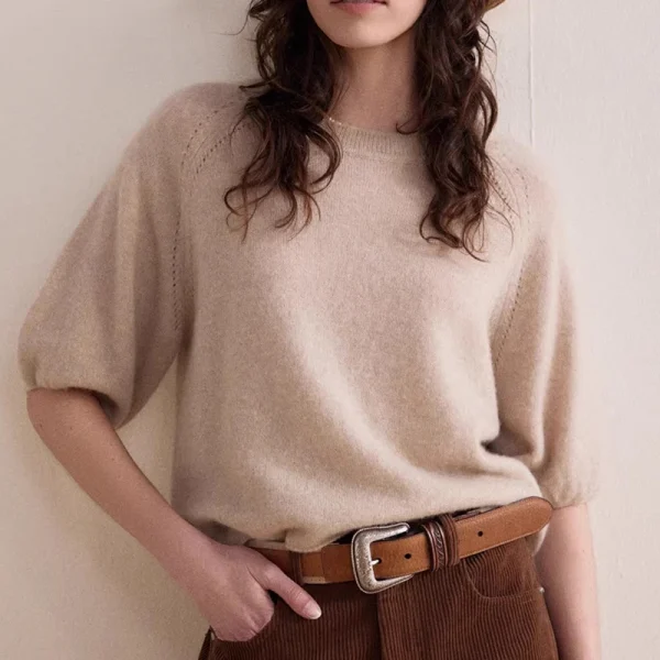 Summer Thin Solid Color Crop Knitwear Knitted Silk Cashmere T Shirts for Women - Image 5