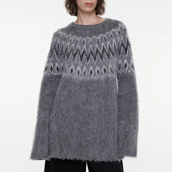 Jacquard Sweater O Neck Long Sleeve Wool Knitwear Women - Image 4