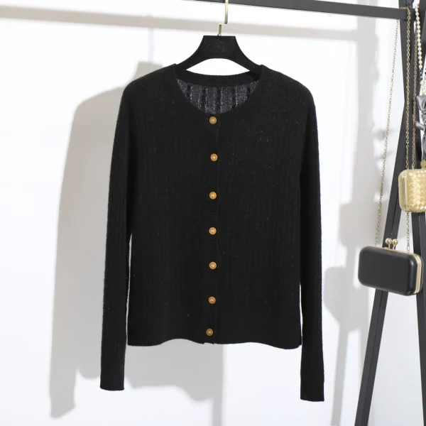 High Quality Single Breasted Solid O Neck Sweater 100% Wool Knitted Cardigan for Women - Image 4