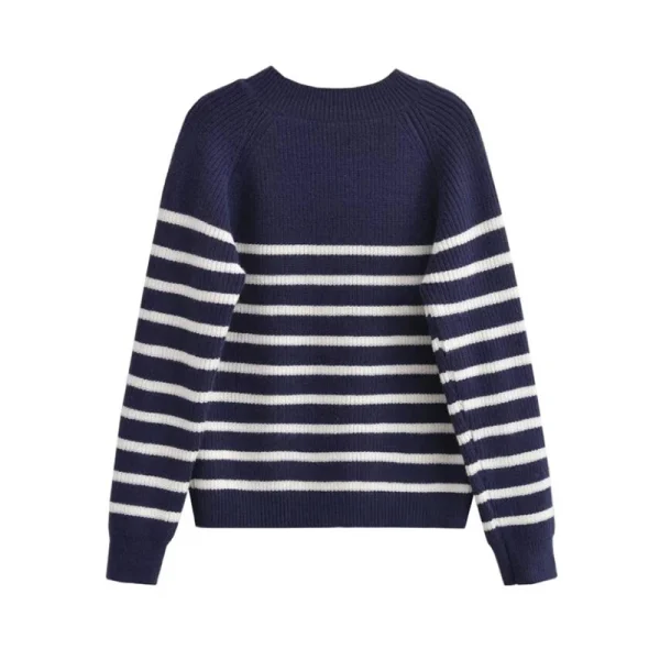 High Quality 100% Wool Pullover Sweater Long Sleeve Striped Knitted Sweater Women With Side Buttons - Image 2