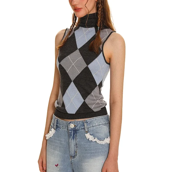 Jacquard Sweater Sleeveless Diamond Lattice Pattern Knitwear High Collar Crop Knitted Wool Vest Women - Image 2
