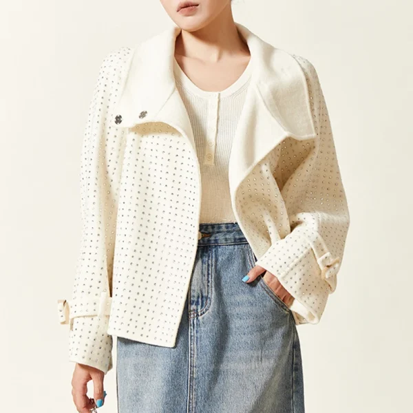 Hot Fix Rhinestone Woolen Coat Double Faced Short 100% Wool Coats for Women