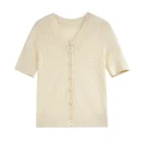 Hollow Out Single Breasted Knitwear Summer V Neck Short Sleeve 100% Cotton Knitted Cardigans for Women