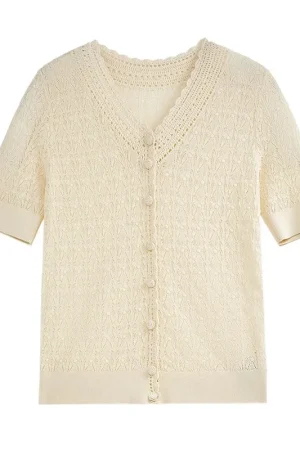 Hollow Out Single Breasted Knitwear Summer V Neck Short Sleeve 100% Cotton Knitted Cardigans for Women