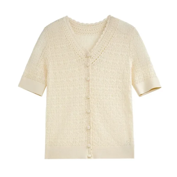 Hollow Out Single Breasted Knitwear Summer V Neck Short Sleeve 100% Cotton Knitted Cardigans for Women