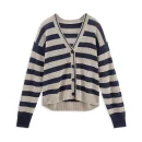 Fashion V Neck Knitwear Jacquard Striped Chunky Knitted 100% Linen Cardigan for Women