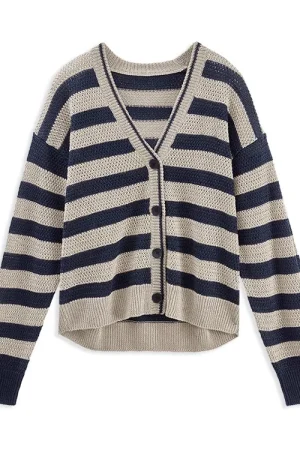 Fashion V Neck Knitwear Jacquard Striped Chunky Knitted 100% Linen Cardigan for Women