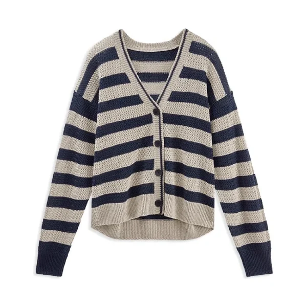 Fashion V Neck Knitwear Jacquard Striped Chunky Knitted 100% Linen Cardigan for Women