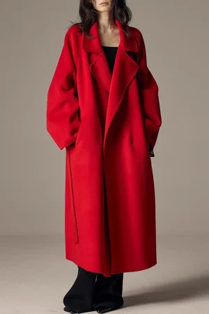 High End Winter Luxury Woolen Coat Women Double Faced Long 100% Wool Coat with Belt
