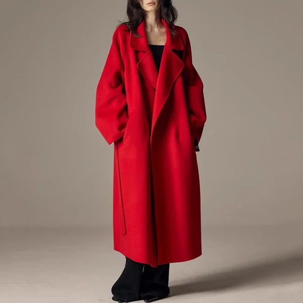 High End Winter Luxury Woolen Coat Women Double Faced Long 100% Wool Coat with Belt