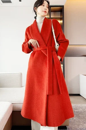 the Real Alpaca Hair Europe and America Elegant Loose Coat Medium Length High Quality  Cashmere Coat