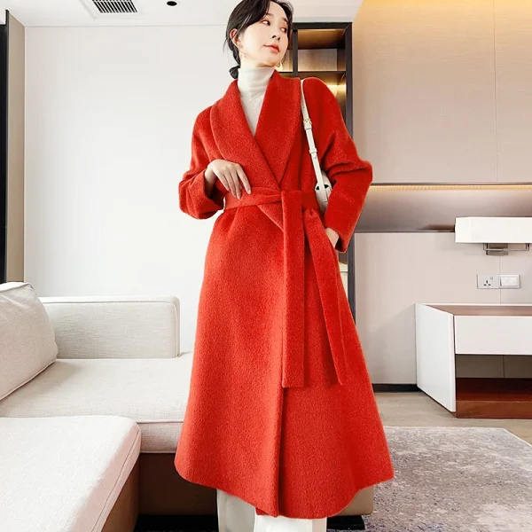 the Real Alpaca Hair Europe and America Elegant Loose Coat Medium Length High Quality  Cashmere Coat