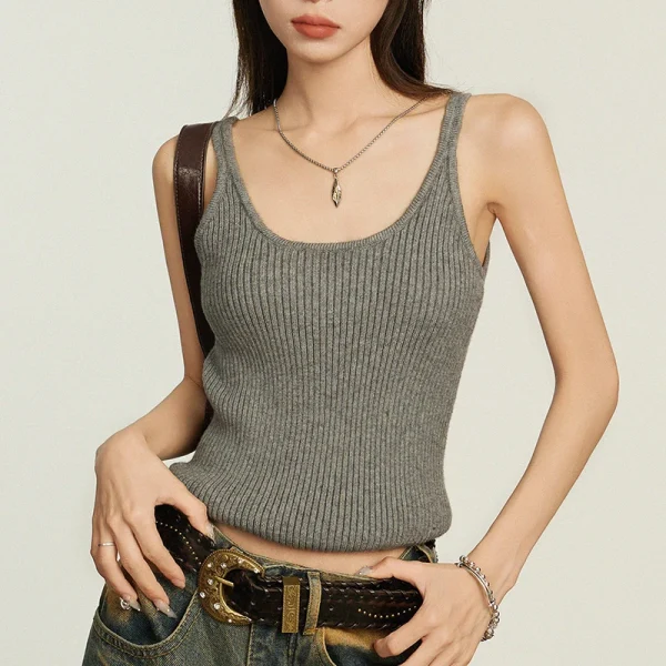 Women's O-Neck Tank Top Grey Cotton Knitted Vest Casual Short Outer Wear - Image 5